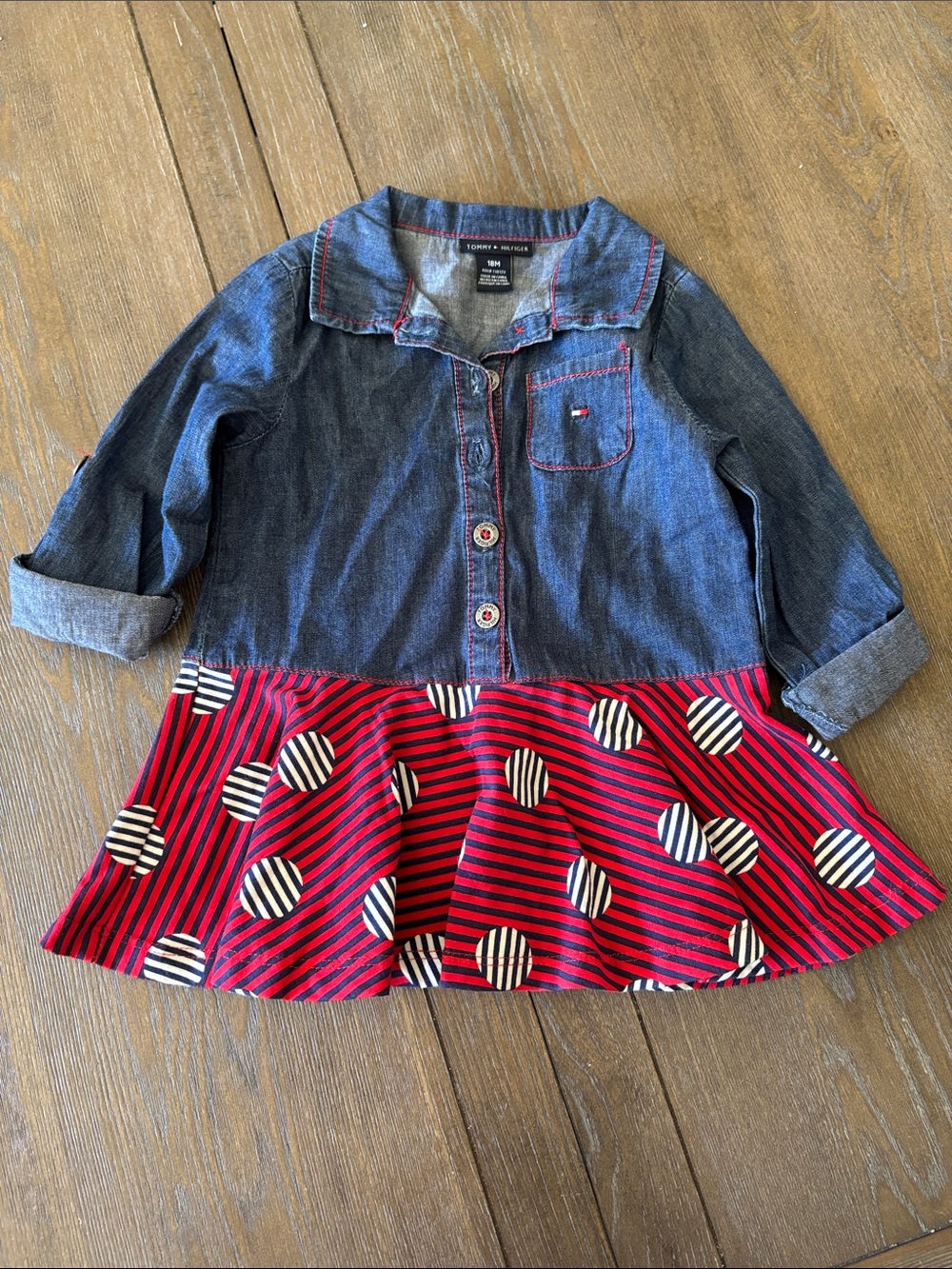 Tommy Hilfiger Denim Dress with Red and Navy Polka-Stripe